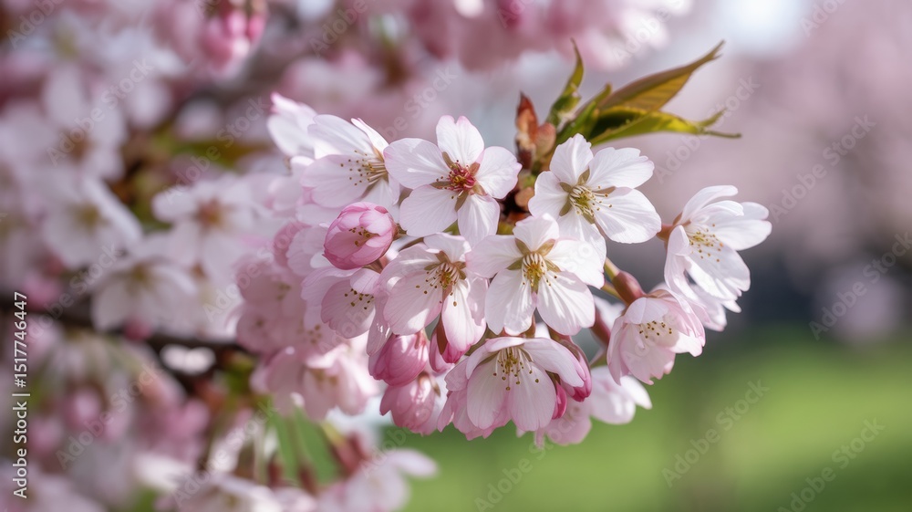 Fototapeta premium Cherry blossoms bloom in soft sunlight, symbolizing renewal and harmony.