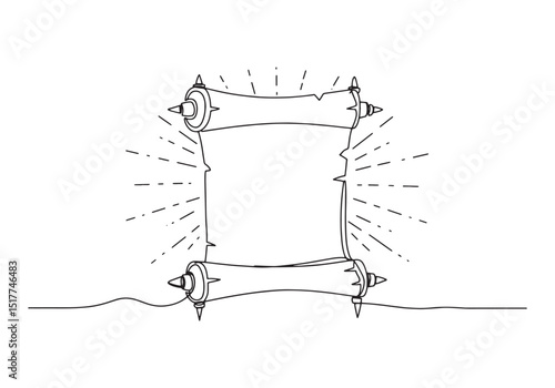 Elegant continuous line drawing of an ancient glowing scroll fro