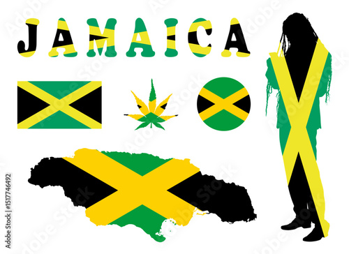 Emblem banner state Jamaica flag national symbol Rasta man Dreads vector illustration isolated. Patriotic sign Island Caribbean state, America. Jamaica map. Rastafari Kingman male marijuana sticker.