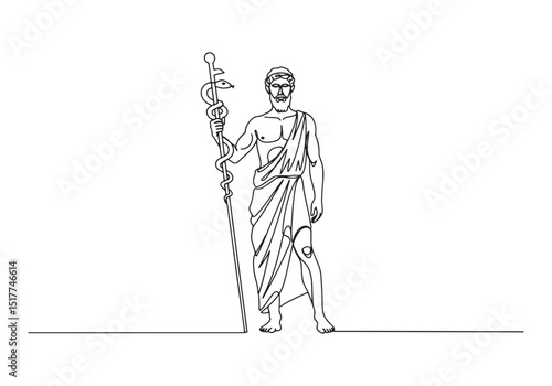 Asclepius, One-Line Drawing of Greek God of Medicine with Staff