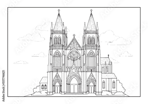 Detailed gothic cathedral illustration perfect for coloring book