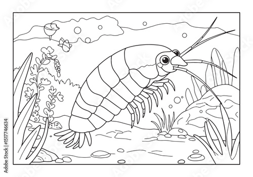 Amphipod coloring page in underwater scenery detailed illustrati