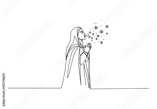 Continuous Line Drawing of Woman Blowing Snowflakes into the Win