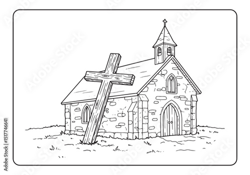 Black and White Illustration of a Church with a Wooden Cross for