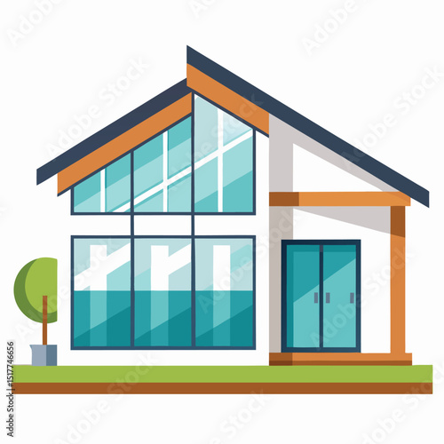 Modern House Design Architectural Flat Style Home Illustration Teal Windows Contemporary Building