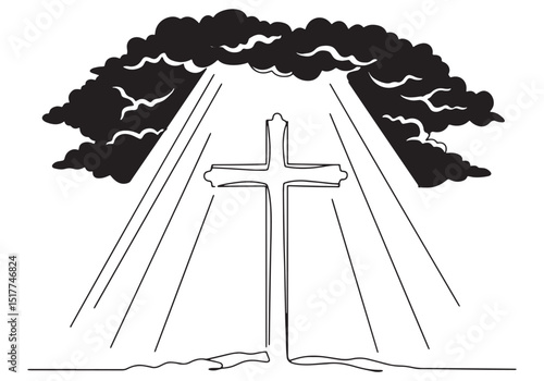 Continuous line drawing of a Christian cross with radiating ligh