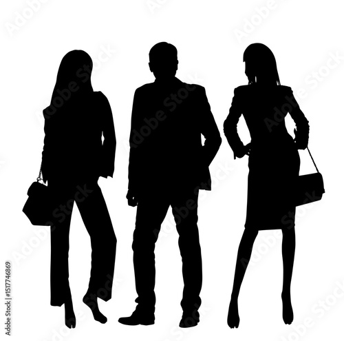 Business people handsome couple woman and man posing vector silhouette illustration isolated. Fashion pose attractive girl boy shape. Sexy lady. Female, male figure shadow. Glamour top model casting.