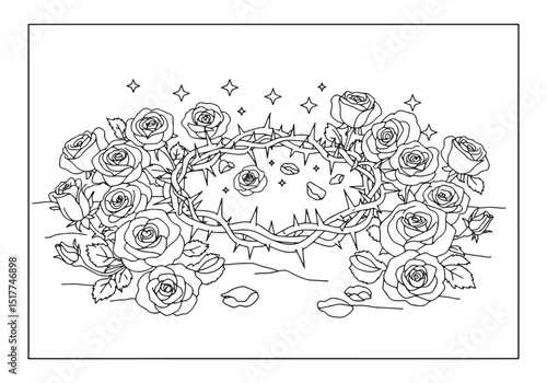 Elegant coloring page design featuring a crown of thorns and ros