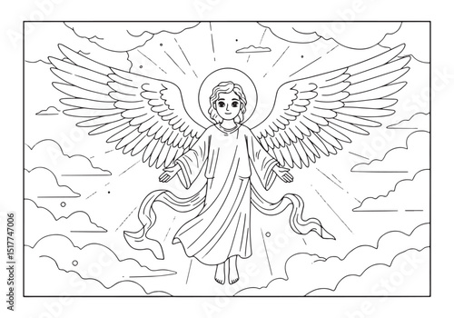 Sahaqiel Angel in Flight Coloring Page with Clouds and Radiant L