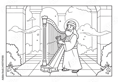 Prophet David Playing Harp in Coloring Book Style Black and Whit