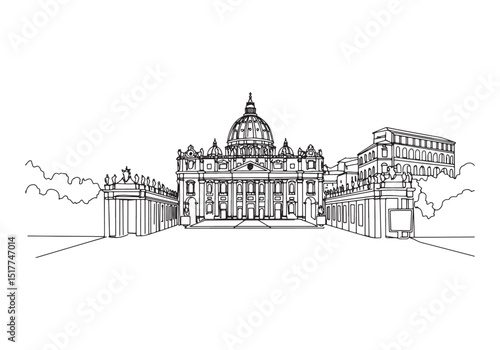 St. Peter's Basilica in Rome Italy Continuous Line Drawing Illus