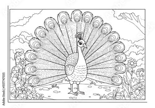 Detailed peafowl illustration in a coloring book style from the