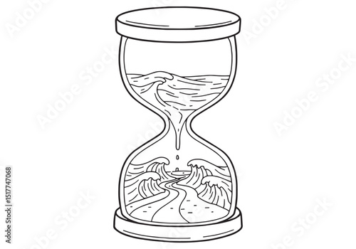 Hourglass with parted sea illustration in black and white line a