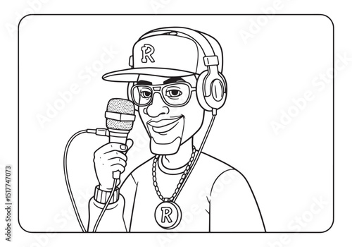 Vintage Black and White Illustration of a Rapper for a Coloring