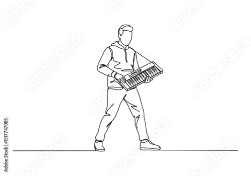 Continuous line drawing of a man playing keyboard synthesizer