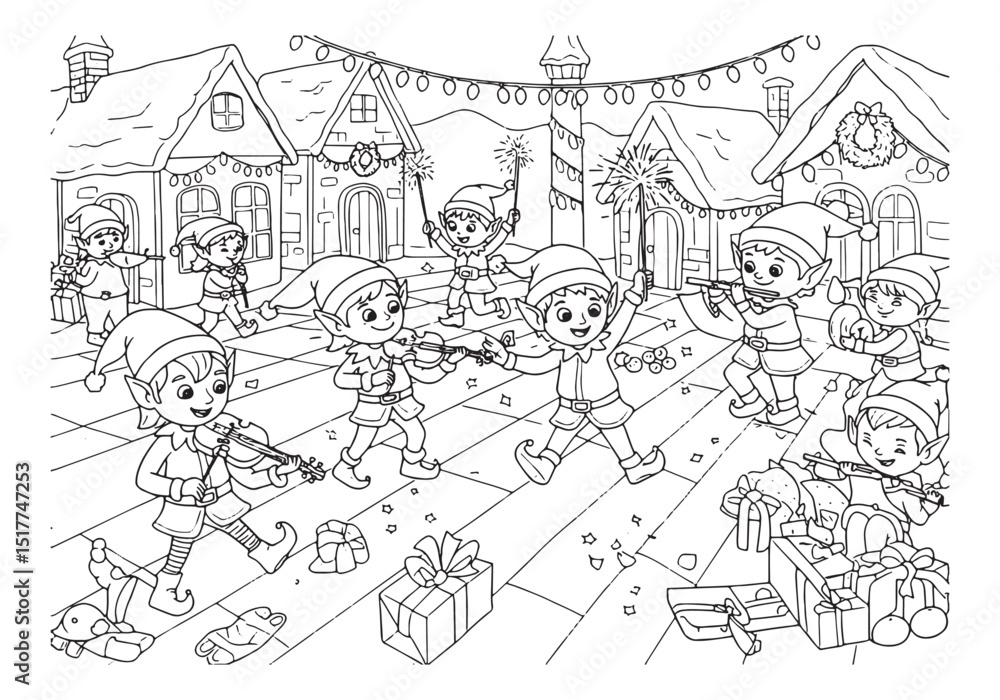 Fototapeta premium Festive elves coloring page illustration spreading cheer in wint
