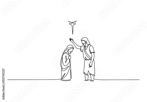 Continuous Line Art Illustration Depicting the Baptism of Jesus