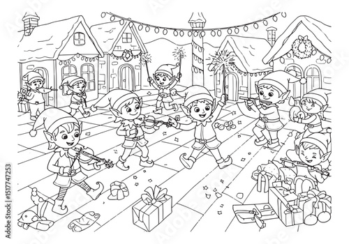 Festive elves coloring page illustration spreading cheer in wint