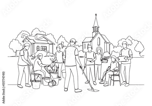 Community service day volunteering at church in continuous line