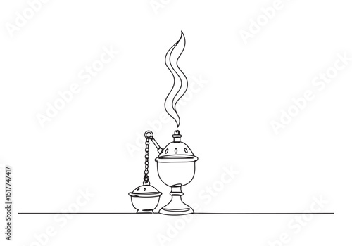 Elegant thurible with incense smoke in a continuous line drawing