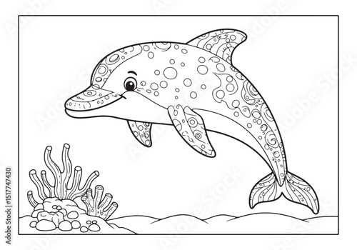 Adorable dolphin with coral reef illustration perfect for colori