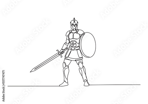 Epic Stand, Single Line Drawing of Deimos Warrior with Sword and