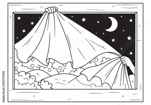 Enchanting nightscape unveiling behind a lifted veil in coloring