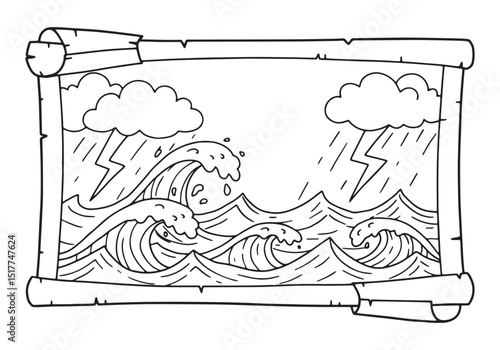 Scroll illustration featuring ocean waves, lightning strikes and