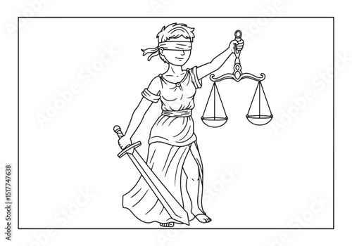 Line art illustration of the Goddess of Justice for coloring ent