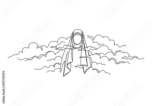 Continuous Line Drawing of Virgin Mary with Veil and Clouds Illu