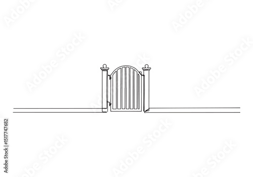 Continuous Oneline Drawing of Garden Gate in Black and White Sty