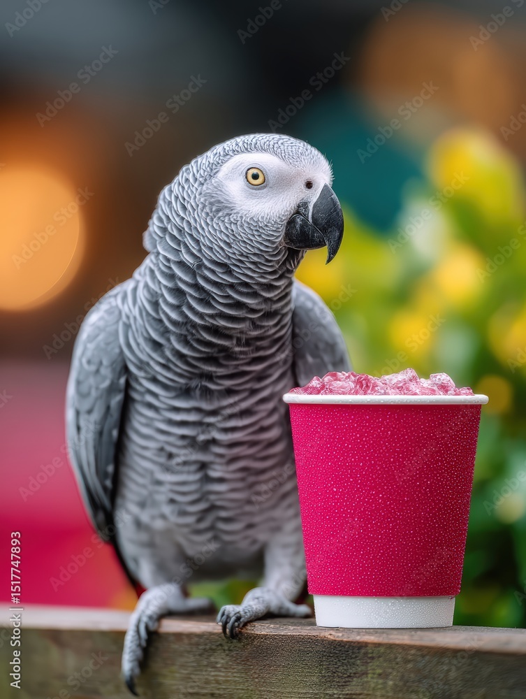Fototapeta premium Colorful Parrot Close-Up with Beak on Fresh Natural Produce
