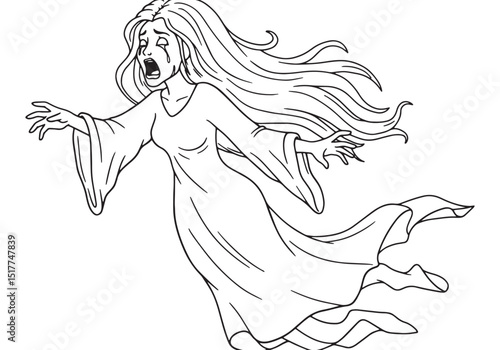 Ethereal banshee in flowing gown, a minimalist continuous line d