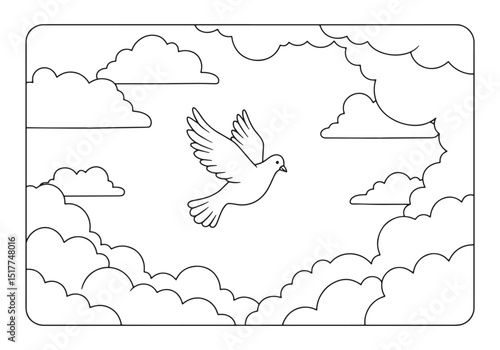 Peaceful Dove Descending Through Cloudy Skies Coloring Page Illu
