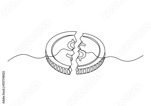 Broken Dollar Coin Continuous Line Art Illustration Depicting Fi