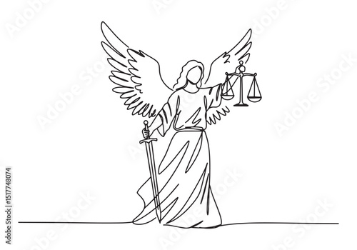 Elegant continuous line drawing of an angel of justice illustrat
