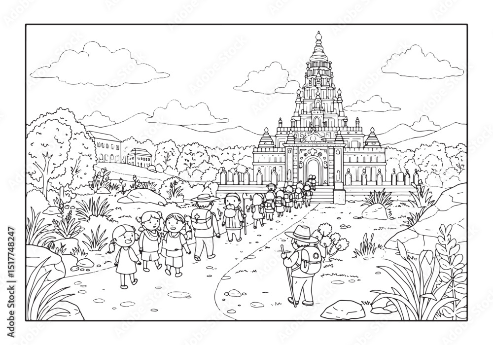 Obraz premium Pilgrimage to Sacred Temple, Coloring Book Page with Black and W