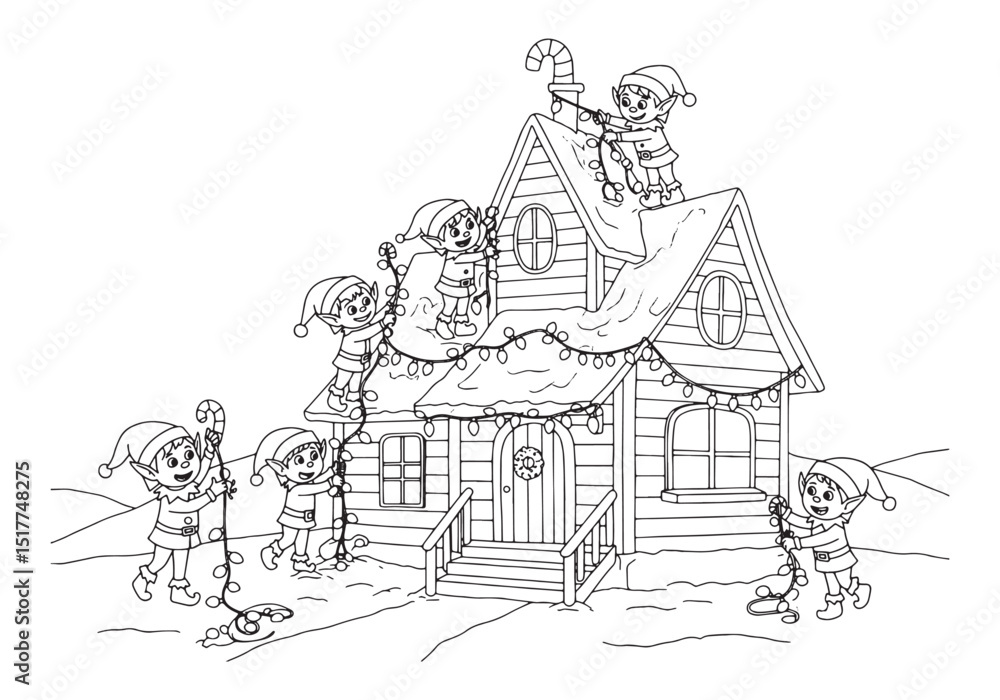 Festive Elves Decorating a Cozy House with Lights in Coloring Bo Festive Elves Decorating a Cozy House with Lights in Coloring Bo
