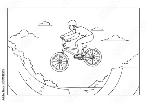 A futuristic freestyle bmx rider performs a stunt in black and w