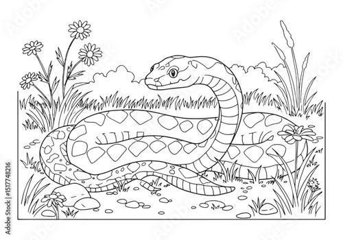 Detailed sand boa coloring page with nature elements illustratio