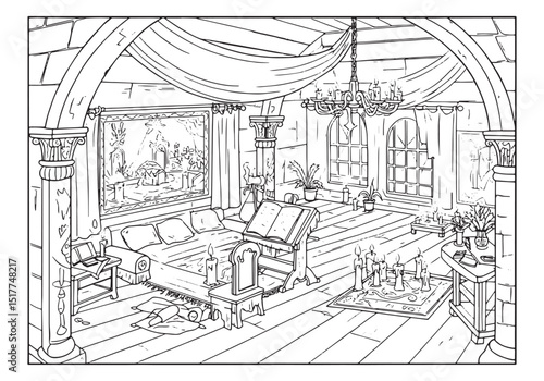 Cozy upper room interior design illustration for coloring book a