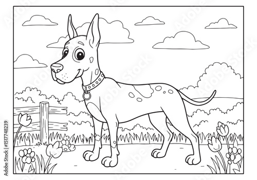 Adorable Great Dane Puppy Black and White Illustration for Color
