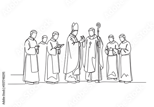 Ordination ceremony of a priest in continuous line drawing illus