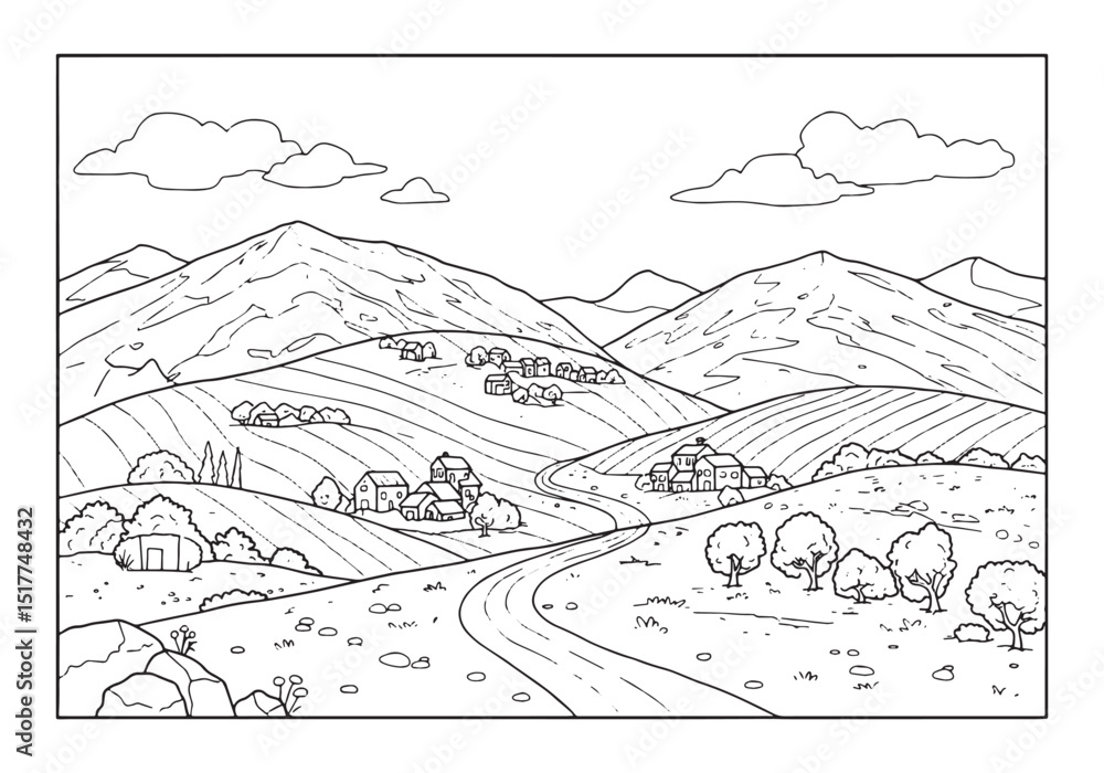 Detailed Coloring Page of a Mountainous Landscape with Rural Vil Detailed Coloring Page of a Mountainous Landscape with Rural Vil