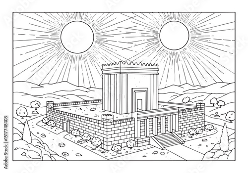 Solomon's Temple, An Intricate Coloring Page Depicting Ancient A