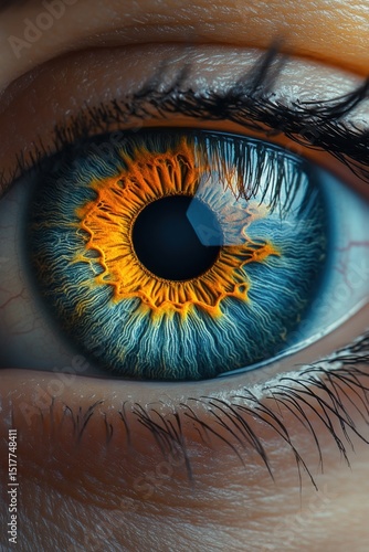 Stunning close-up of an eye showcasing vibrant colors and intricate details in its iris and pupil during natural lighting