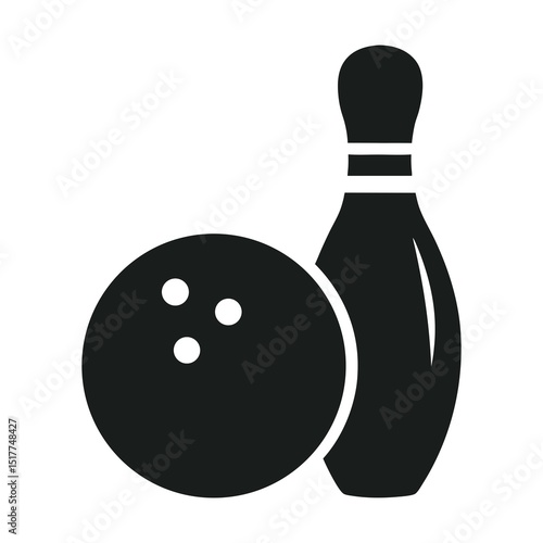 Black bowling ball and pins 3d illustration for sport game activity silhouette vector on white background
