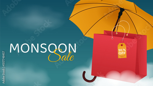 monsoon sale day banner, discount template with umbrella and shopping bag