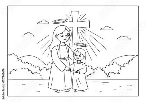 Mother and daughter with halos standing before a radiant cross c