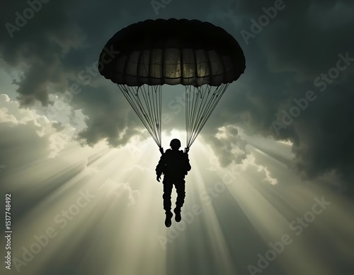Silhouette of a paratrooper descending under a parachute, sun rays breaking through the clouds.